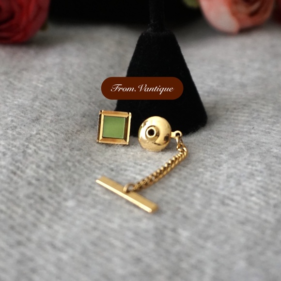 👔 VINTAGE Men Suit Square Green Tile Golden Tie Clip with Chain 🔗 - Picture 4 of 6